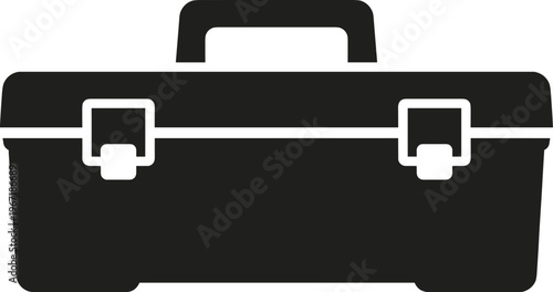 Minimal vector silhouette, toolbox closed front view, rectangular handle case, solid black, isolated on white background.