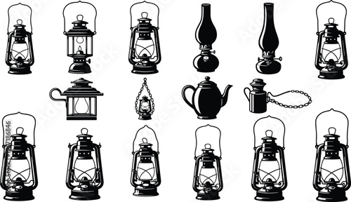 Vintage lanterns oil lamps collection with kerosene glass enclosures metal frames teapot shaped container old fashioned lighting vector illustration artwork set