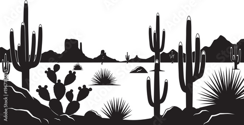 Black and white desert landscape with cacti and mountains