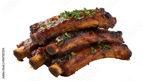 Konstfotografi Stack of glazed pork ribs with fresh parsley, isolated on transparent background