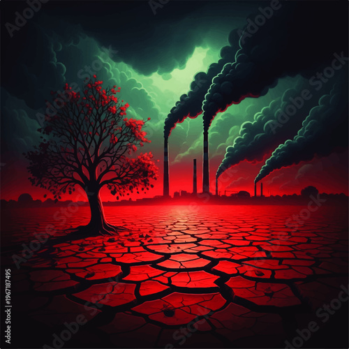 Cracked Red Earth Under Toxic Green Sky with Smokestacks and Distant Factory Pollution.