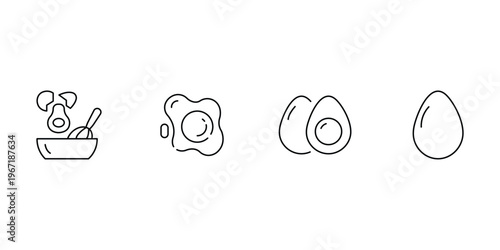Egg icon set featuring fried egg boiled egg yolk and whisking process in bowl for breakfast cooking and culinary vector.