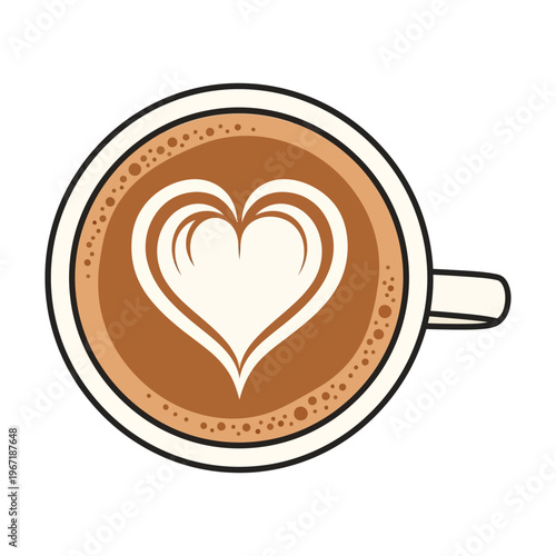 Coffee Cup with Heart Latte Art Top View Minimalist Vector Illustration