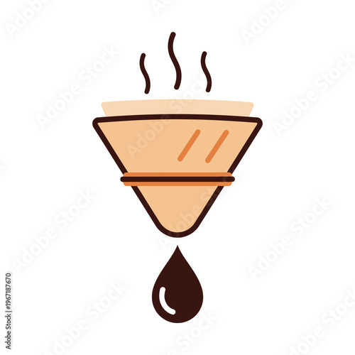 Coffee dripper with paper filter dripping fresh coffee and rising steam, flat vector illustration
