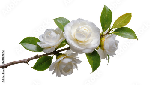 Obraz na płótnie Delicate white camellia flowers with green leaves on a branch, isolated on trans