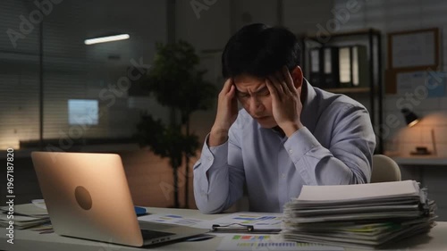 Stressed businessman working late at office desk with laptop and papers