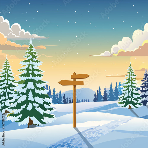 Winter landscape scene with snowy trees and wooden signpost under a colorful sky