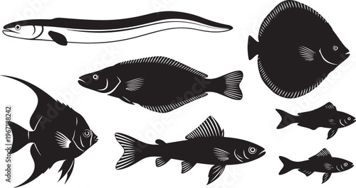 Black and white fish silhouettes aquatic marine life