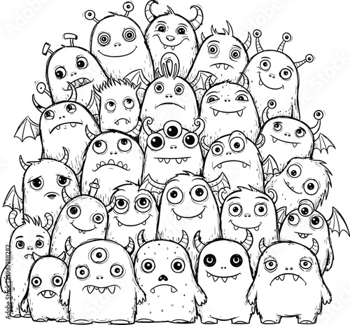 Hand-Drawn Doodle Monster Crowd Quirky Black and White Characters for Creative Designs