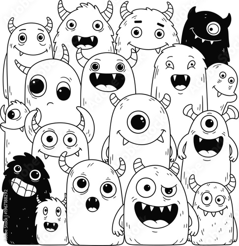 Funny Cartoon Monster Characters Group Adorable Doodle Creatures Collection for Playful Designs and Backgrounds