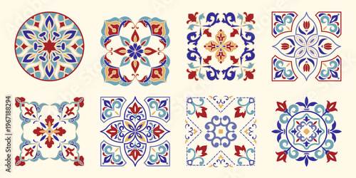 Collection of 8 flower Azulejo tiles. Seamless colorful patterns in azulejo style. Floor tile oriental collection seamless textures. Portugal spanish ceramics. Vector