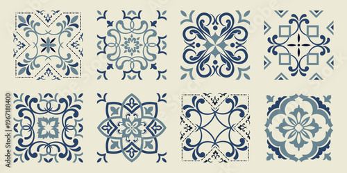 Collection of 8 flower Azulejo tiles. Seamless colorful patterns in azulejo style. Floor tile oriental collection seamless textures. Portugal spanish ceramics. Vector