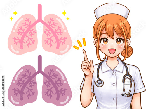 肺の説明をする看護師の女性のアニメ系図解イラスト素材5