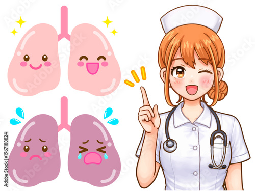 肺の説明をする看護師の女性のアニメ系図解イラスト素材3