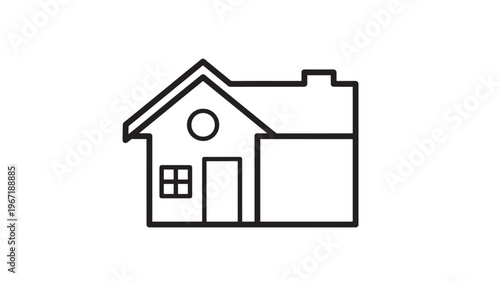 House simple outline icon with a square window, circular attic window, and a door on a white background.