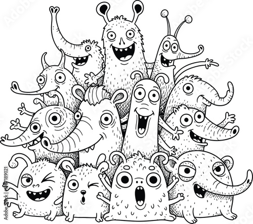 Cute cartoon monster group drawing, black and white monster characters illustration