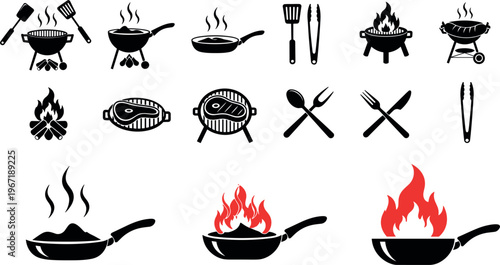 Grilling and Cooking Icons Set Featuring BBQ Grill, Fire, Tongs, Cooking Utensils, and Frying Pan Symbols for Food and Cooking Illustrations.