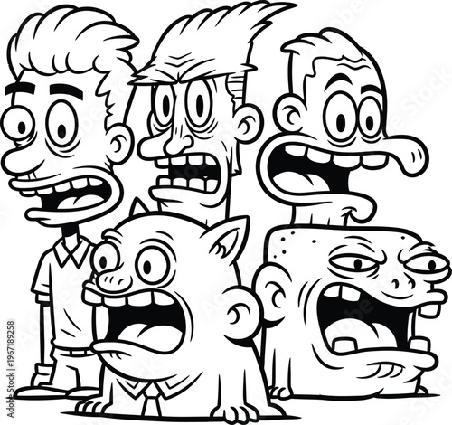 A group of distressed and screaming cartoon faces expressing extreme frustration and panic in a chaotic monochrome illustration