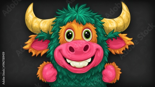 Playful cartoon bull character digital art creation colorful fun whimsical concept for kids entertainment