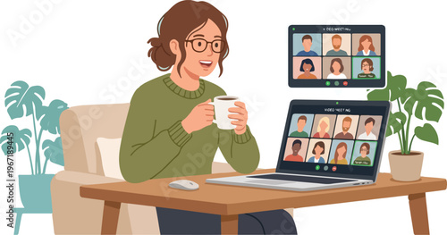 Woman working on laptop while sitting on rug with a snack