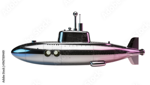 Sleek chrome submarine with reflective surface, isolated on transparent background