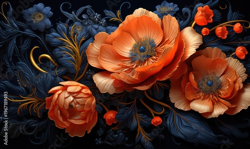 Abstract floral background with orange poppies