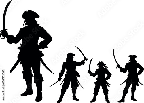 Pirate silhouettes with swords in various poses, black isolated characters, swashbuckler figures, adventure theme, historical seafarer illustration collection