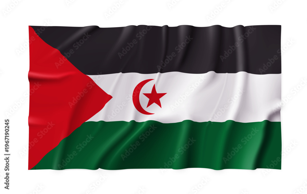 Obraz premium Realistic Western Sahara country flag isolated on a transparent background. Silk atlas detailed fabric flag. Vector PNG