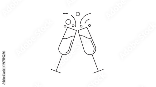 Two champagne glasses clinking together with bubbly overflow and small circles against a white background in a minimalist outline style.