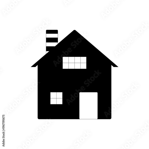 Minimalist House Silhouette Icon - Black and White Vector Illustration of a Two-Story Home with Chimney