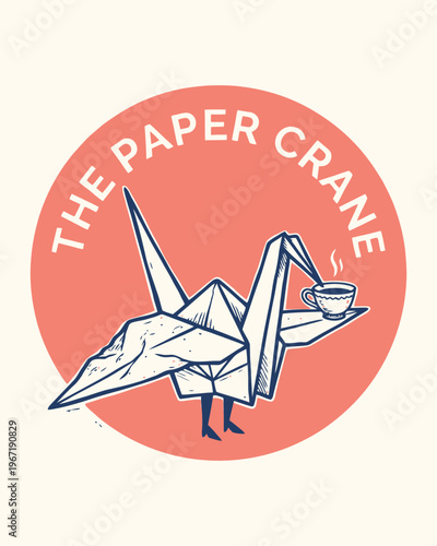Origami Crane Mascot Character with Coffee Cup for Logo Design