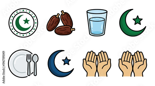 Ramadan Kareem icons set with crescent moon star dates water glass and utensils on plate