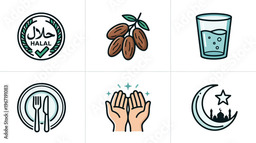 Halal food icons including dates, water, utensils, hands, and mosque symbols