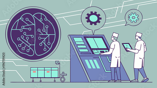 Futuristic healthcare technology with AI, digital brain, and medical network connections.