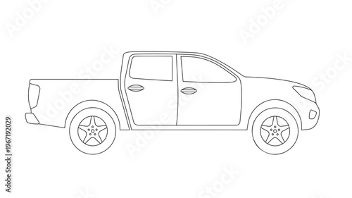 Pickup truck line drawing showing a double cab with a cargo bed and custom alloy wheels, presented in a clean silhouette style.