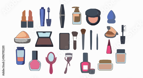 Colorful makeup tools icon collection with cosmetic accessories including lipstick palette and beauty items vector illustration