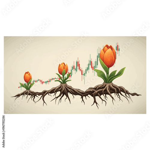 Growing tulip flowers with stock market candlestick chart integrated into roots, symbolizing financial growth and investment success. Vector art