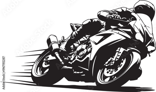 Black and white of motorcycle rider speeding motorbike