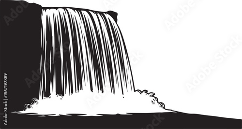 Black and white of waterfall silhouette cliff