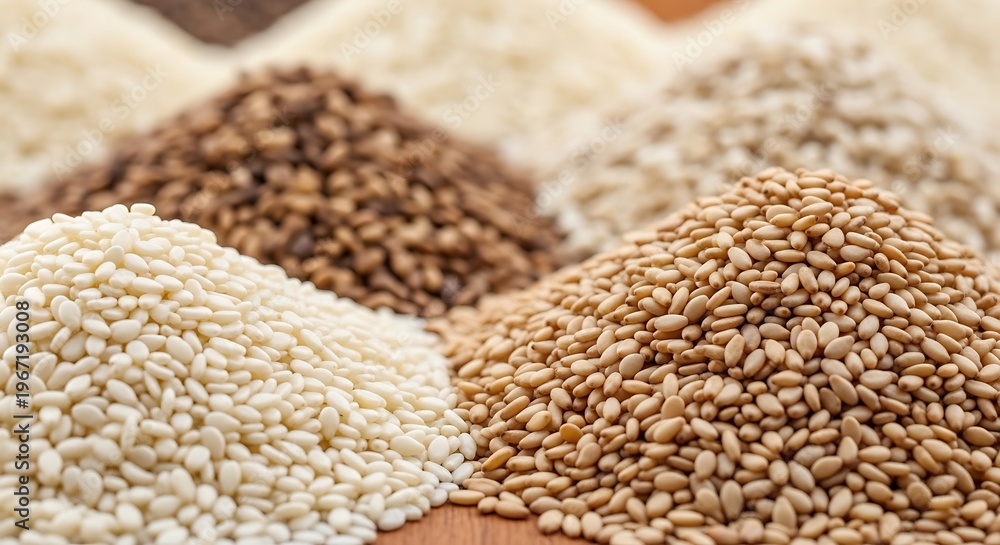 Obraz premium Variety of grains and seeds displayed.