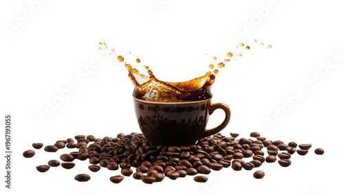 Dark brown coffee cup with splashing liquid surrounded by roasted coffee beans, isolated on transparent background
