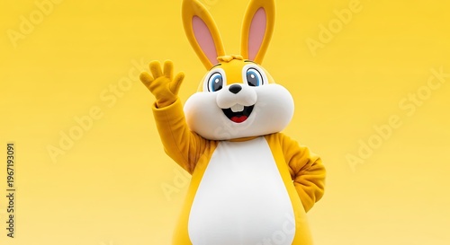 cartoon rabbit mascot waving on bright yellow background
