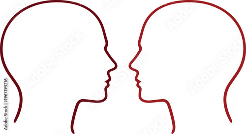 Two human head silhouettes in profile, facing each other, representing communication and connection. Minimalist vector illustration for psychology, business, and relationship concepts.