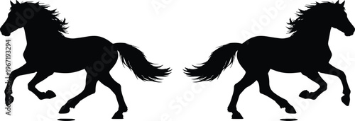 Galloping horse silhouette vector, elegant black equine animal icon, dynamic running stallion graphic, powerful equestrian symbol for branding and design