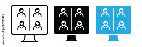 Set of computer monitors displaying video conference icons in black and white and blue on white background for business communication