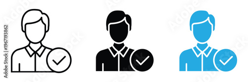 Three verified profile icons in black and blue on white background for user authentication and identity verification