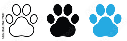 Set of three paw print icons in black line, Solid black, And blue on white background for animal or pet related designs and branding
