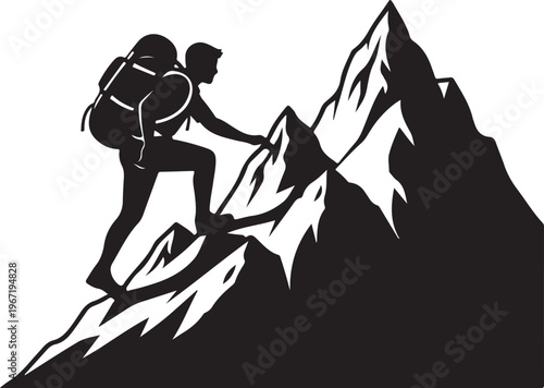Black silhouette of hiker climbing mountain