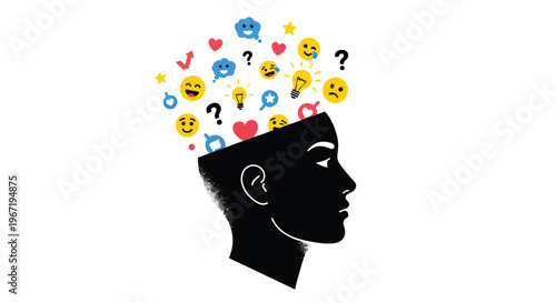 Silhouette of a human head with various emojis and icons floating above it representing thoughts and emotions