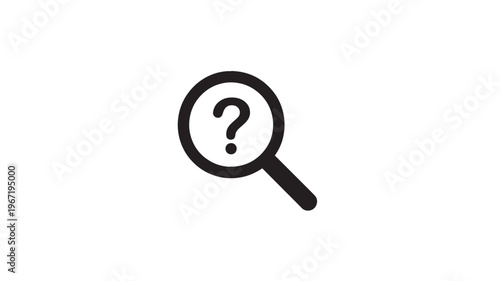 Magnifying glass icon with a question mark inside, symbolizing search, discovery, and unknown information in a clear graphic.